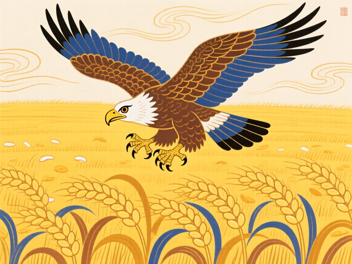 An eagle taking flight alone in a golden wheat field at harvest time.