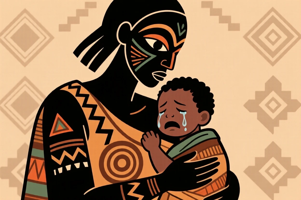 A mother comforting her crying child.