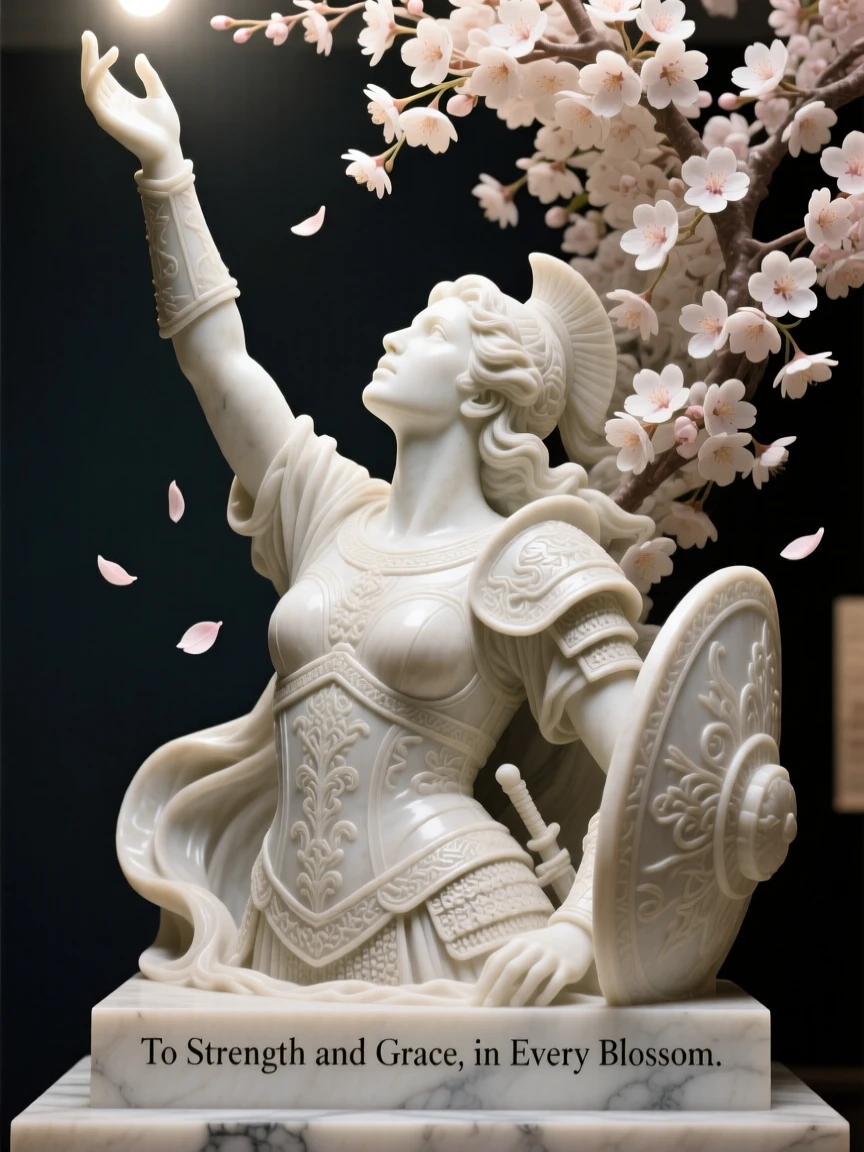 A tender portrait of a fierce female warrior, reaching upward toward the light, beneath cherry blossoms in full bloom, evoking warmth and humanity