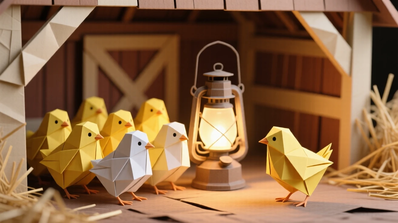 A cluster of fluffy yellow chicks gathered around a warm lamp in a barn, one wandering slightly apart from the group.