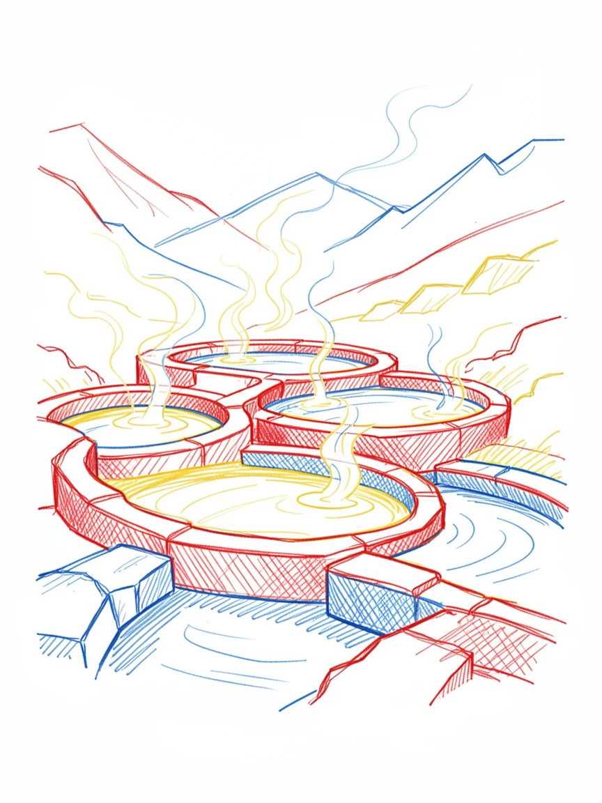 A cascading terrace of natural hot springs, steam rising into cool mountain air