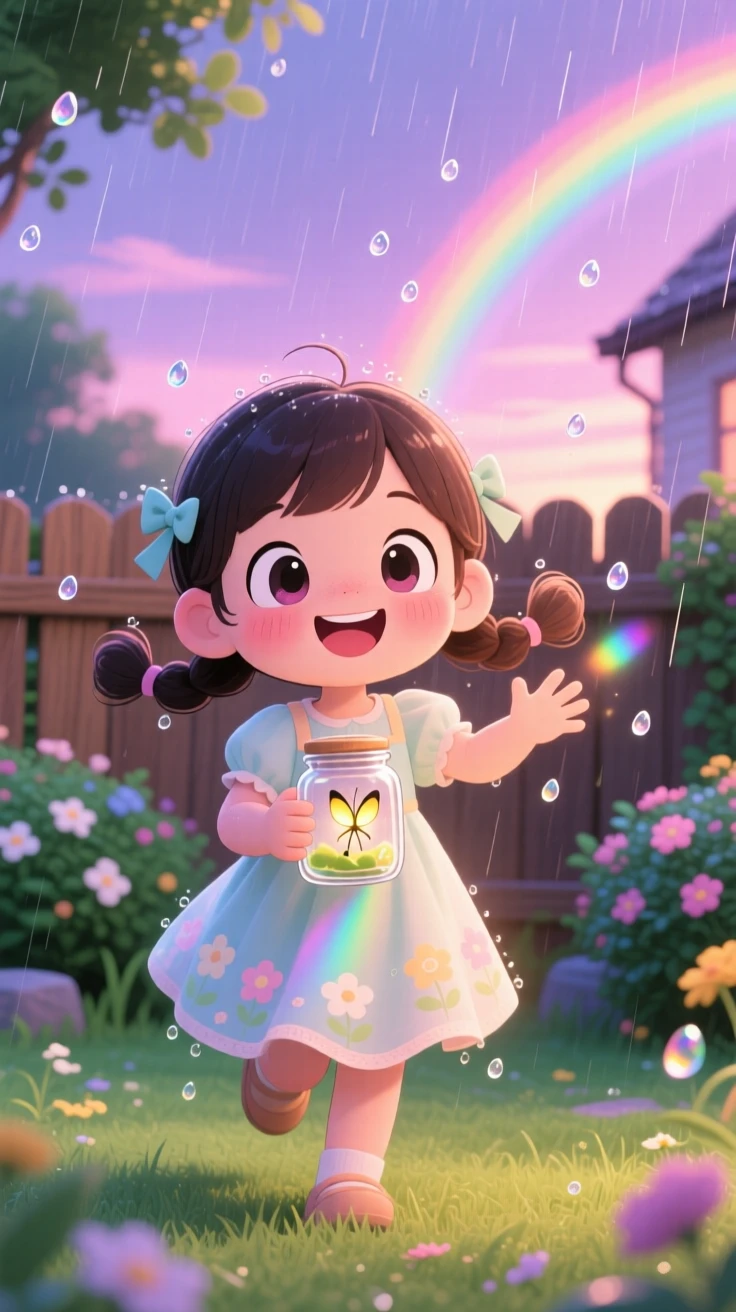 Symmetrical front-on view of a little girl in a sundress, chasing fireflies in a jar, in a warm summer backyard at dusk, during a gentle spring rain shower, illuminated by bright rainbow-tinted light, radiating delighted joy.