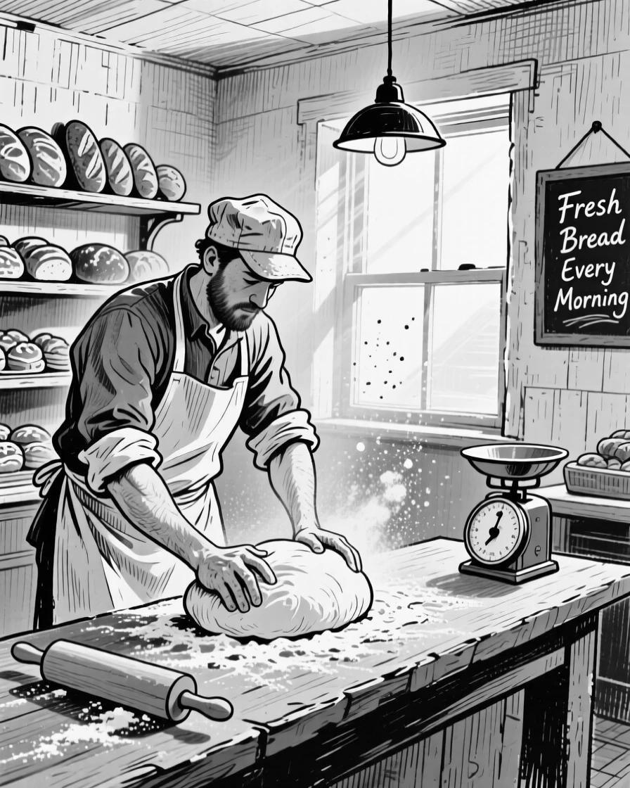 A baker kneading dough on a floured counter in the early morning light of a small bakery.