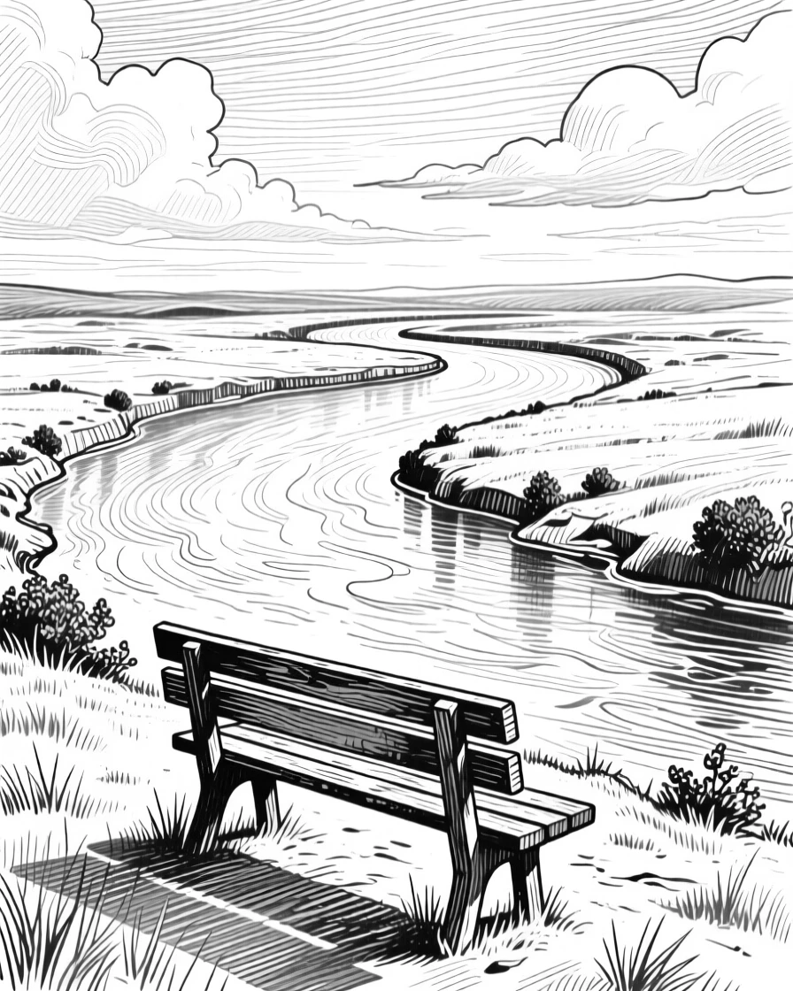 A winding river beneath a sky filled with drifting clouds, with a single wooden bench overlooking the view, evoking a quietly majestic atmosphere in a wide, balanced composition.