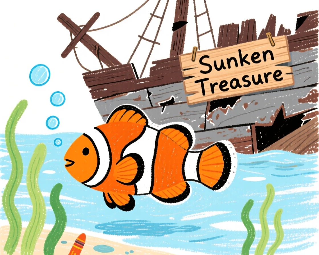 A colorful clownfish swimming near a sunken shipwreck.