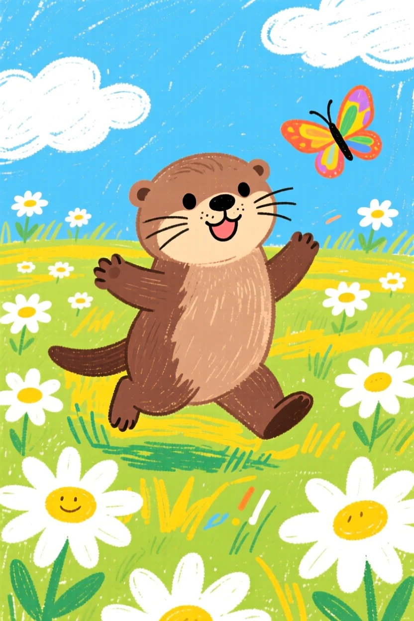 A playful otter pup hopping through a meadow of daisies.