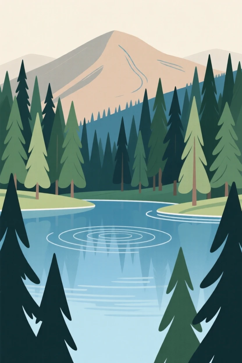 A tranquil mountain lake surrounded by tall pines, with gentle ripples on the surface.