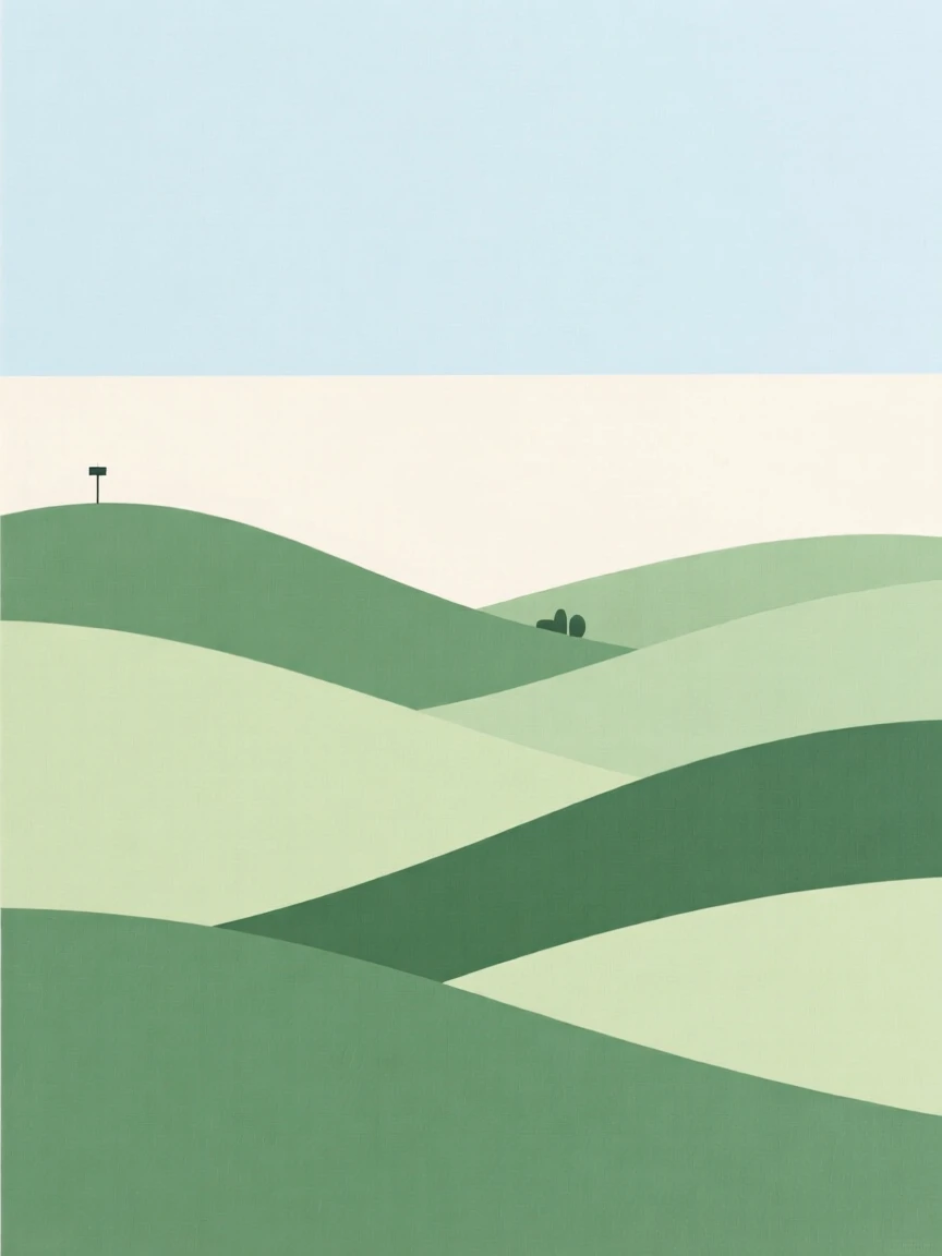 A tranquil countryside with rolling green hills