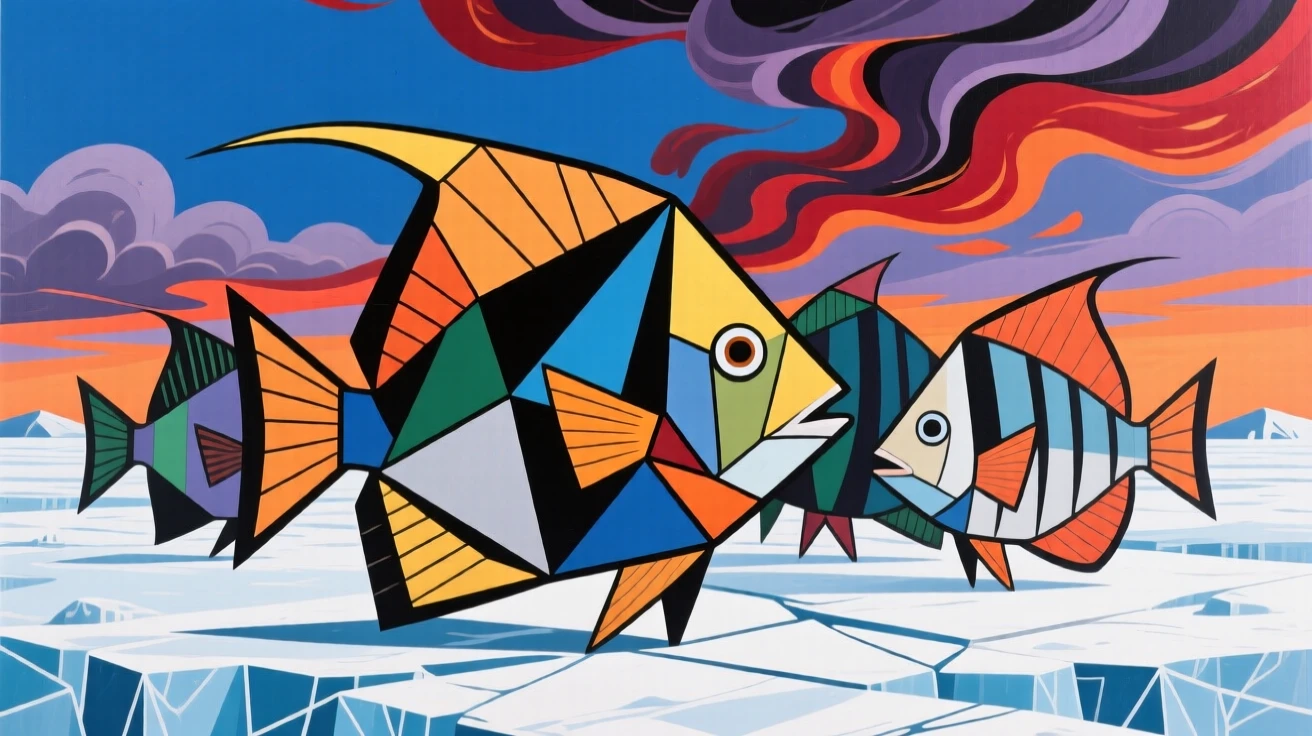 A striking view of a school of tropical fish standing alert on a frosty tundra plain beneath a dramatic sky.
