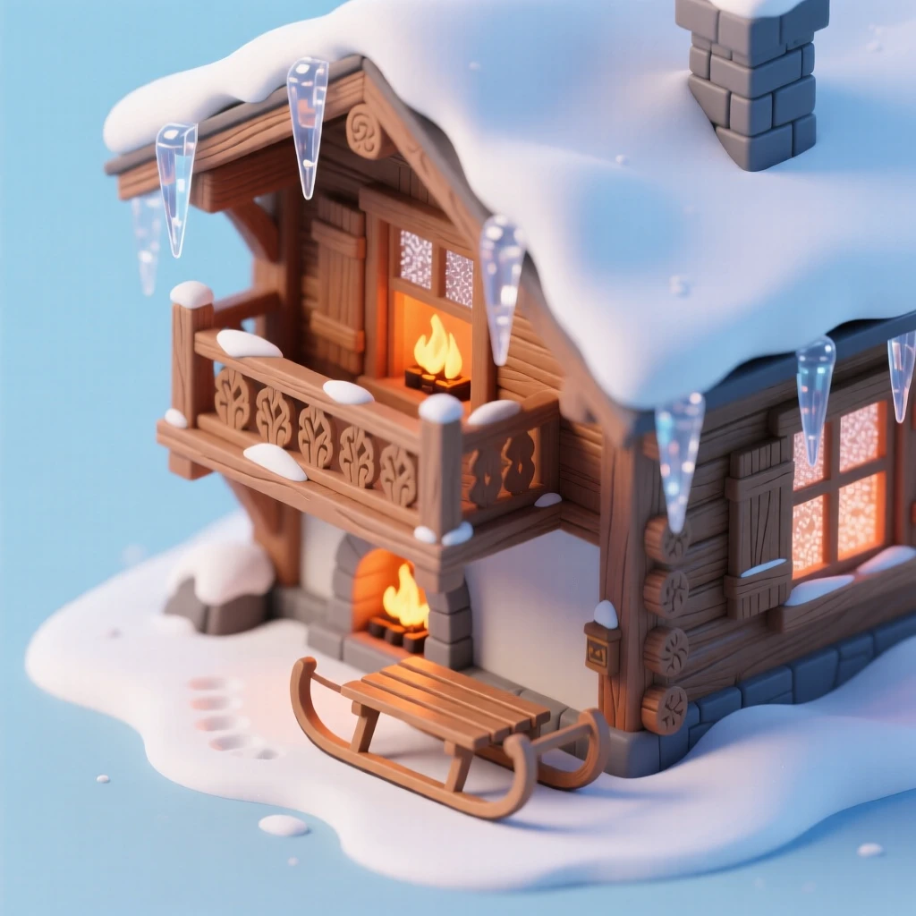 A snowy alpine chalet with carved wooden balconies, icicles hanging from the eaves, a fireplace glowing through a frosted window, and a sled resting against the wall.