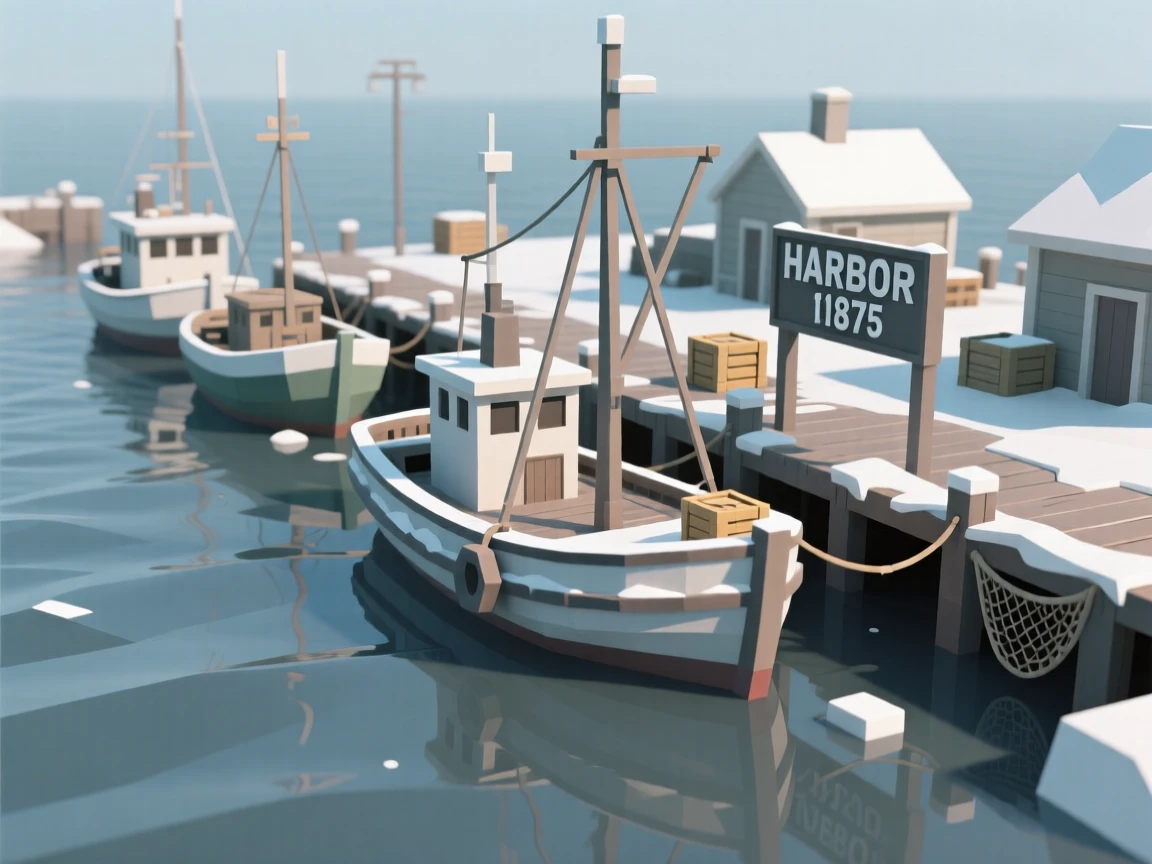 A colorful row of fishing boats docked at a harbor, dusted lightly with fresh snow. soft reflections in water double the architectural detail. The place feels steeped in history.