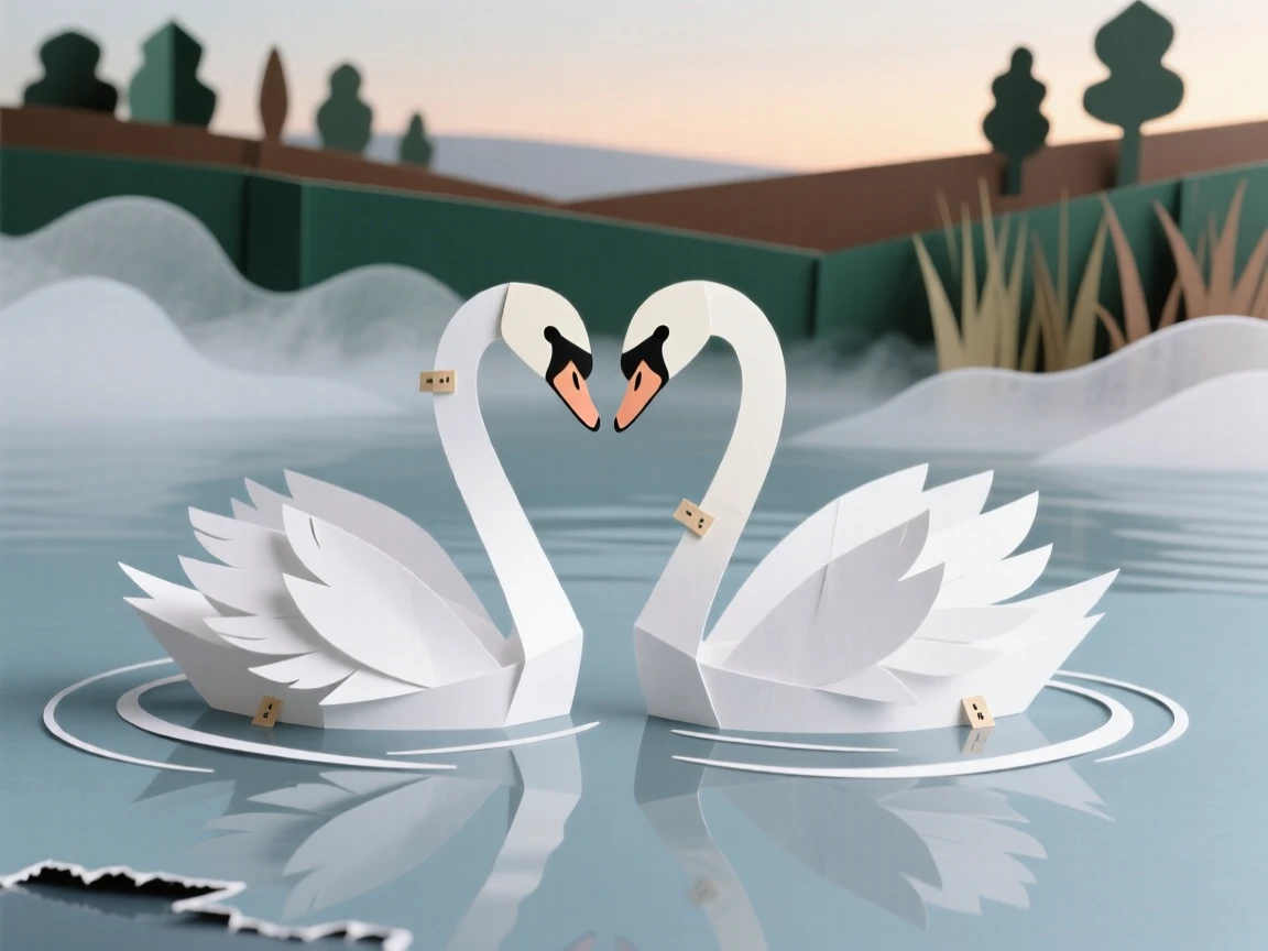 A pair of swans gliding across a still lake at dawn, their necks forming a heart shape, mist rising gently from the water's surface, evoking romance and tranquility.
