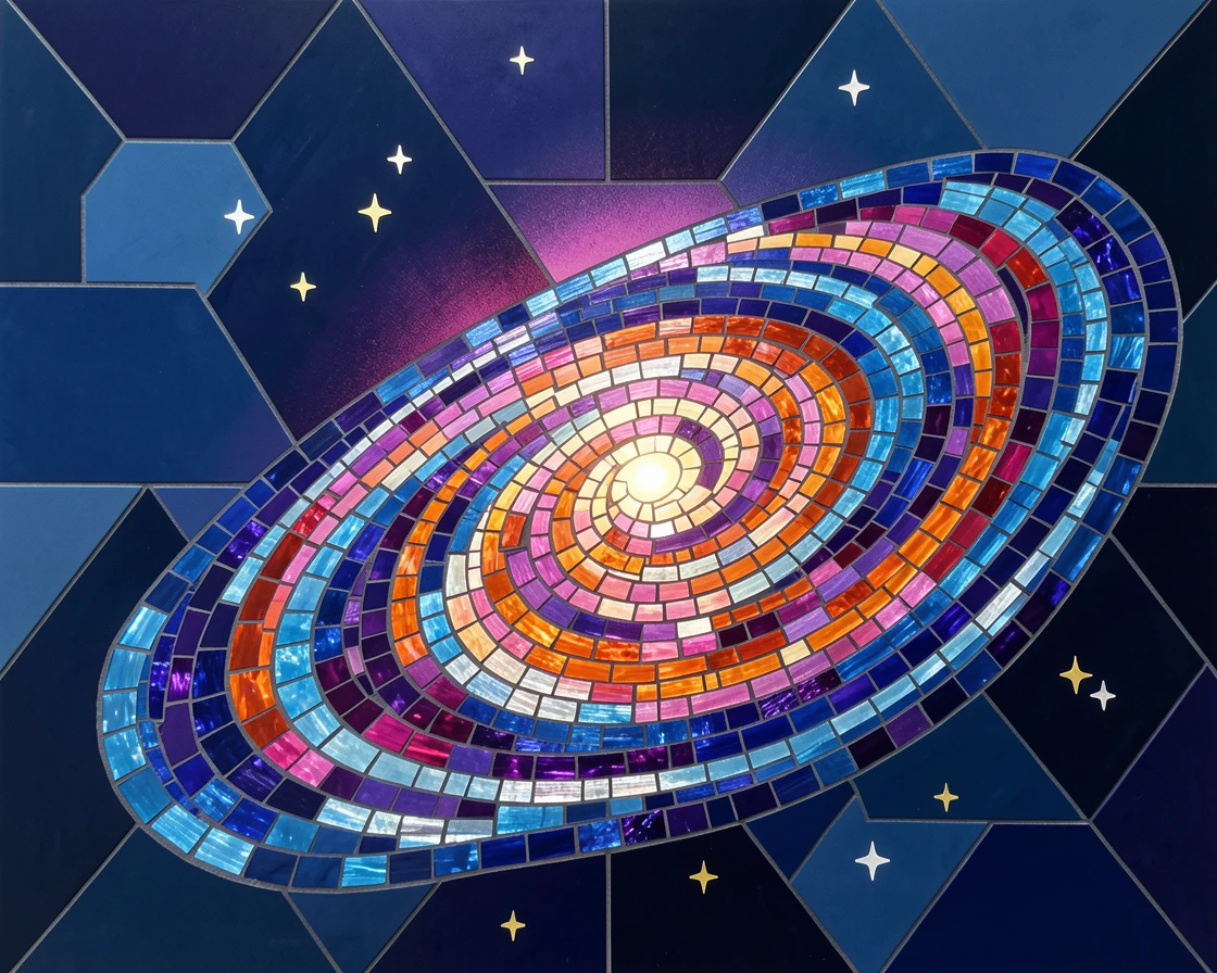 A distant galaxy spiraling in brilliant color against deep space, rendered in vivid deep color with luminous detail.