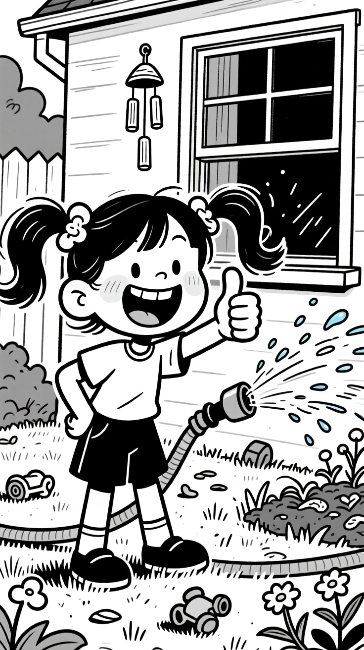 A young girl with pigtails and a gap-toothed grin, giving an exaggerated thumbs up, set in a backyard with a wobbly garden hose sprinkler. A wind chime sways gently just outside the window. The image captures the joyful mess of home life.