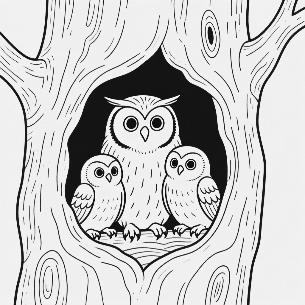 An owl family nestled in a tree hollow