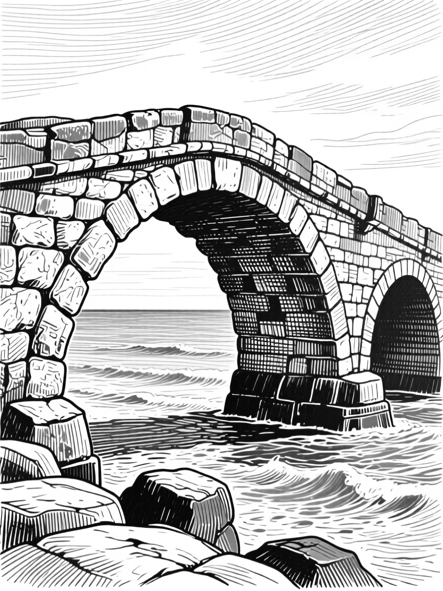 A weathered stone bridge with the sea stretching out to meet the sky, with smooth stones worn by centuries of tide, evoking a softly romantic atmosphere in a wide, balanced composition.