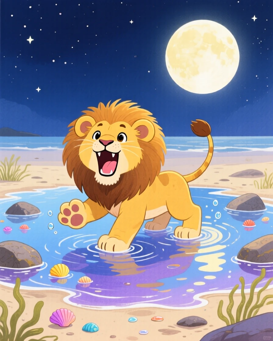 A lion cub practicing a roar playing joyfully in a shallow tide pool under a full moon.