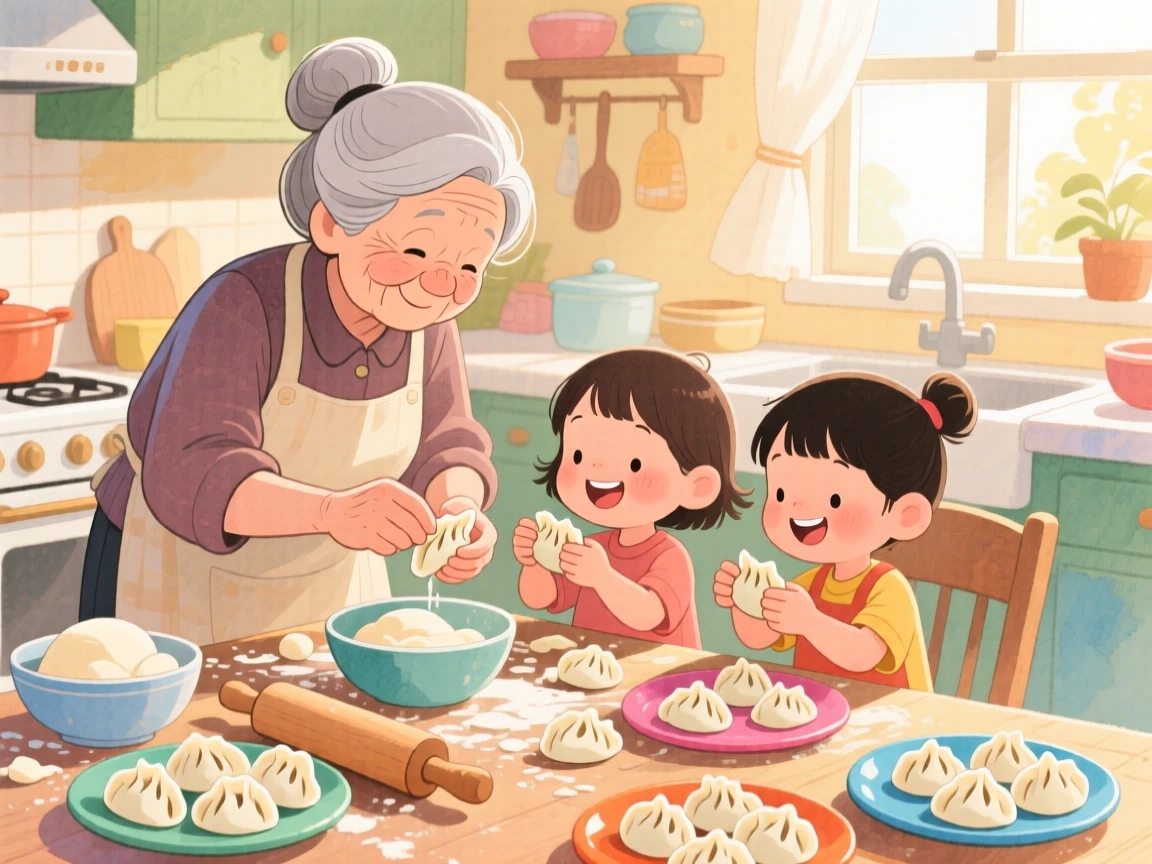 A dumpling-making session with grandma showing the grandkids how to fold each one, filled with the warmth of a home-cooked welcome.