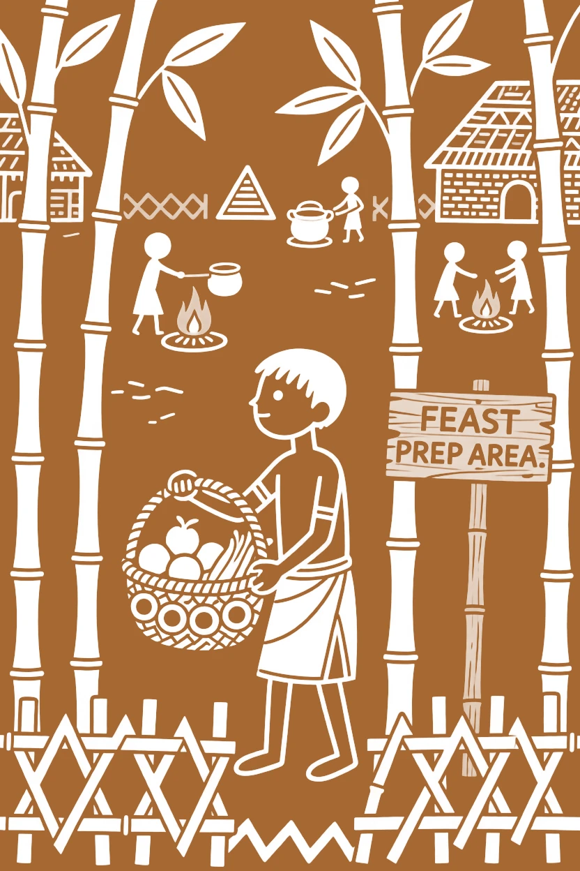 A young apprentice preparing for a community feast in a bamboo grove at the village boundary.