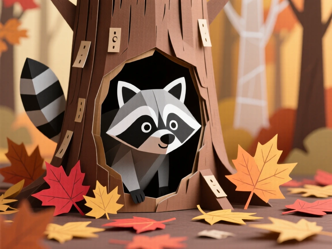 A curious raccoon peeking out from a hollow tree trunk in a autumn forest, surrounded by fallen leaves in warm hues, capturing mischievous charm.
