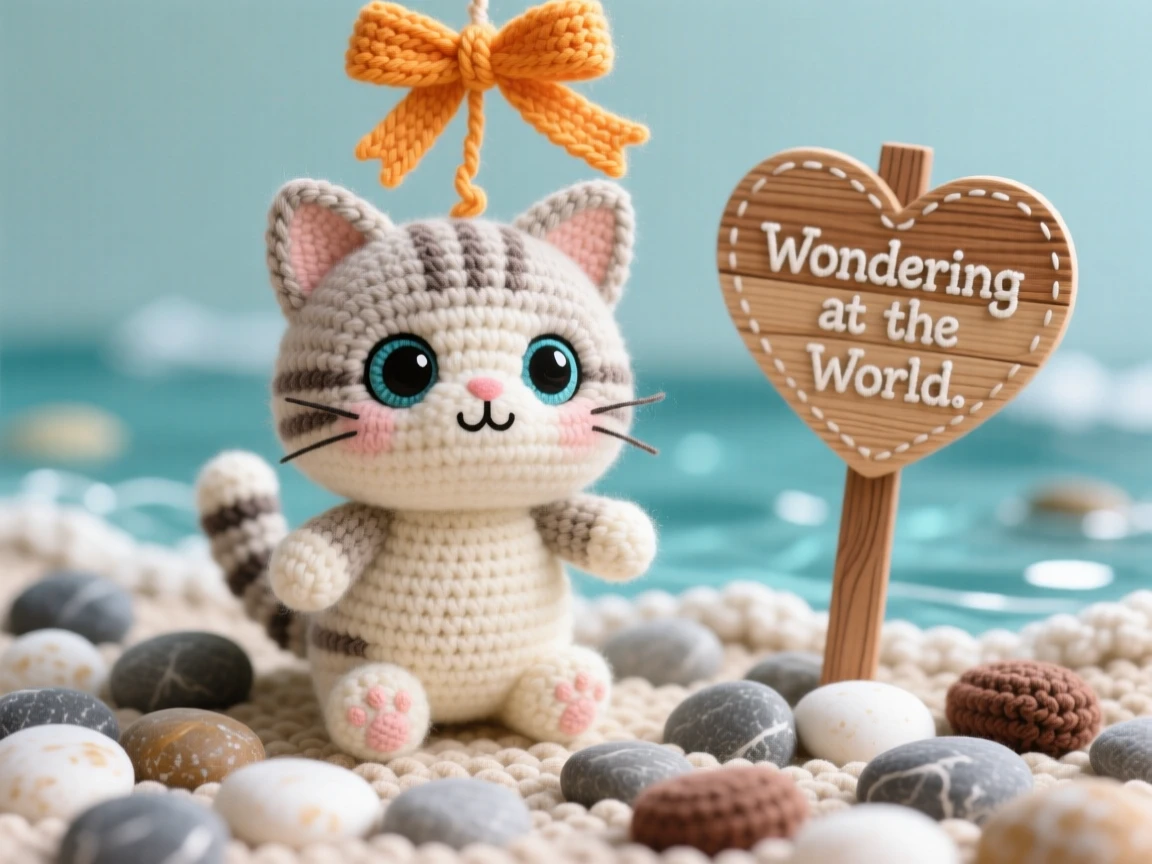 a small Scottish fold kitten, with folded ears and round cheeks, batting playfully at a dangling ribbon, set in a tide pool filled with smooth pebbles, with a little wooden sign shaped like a heart, evoking wide-eyed wonder at the world around it.