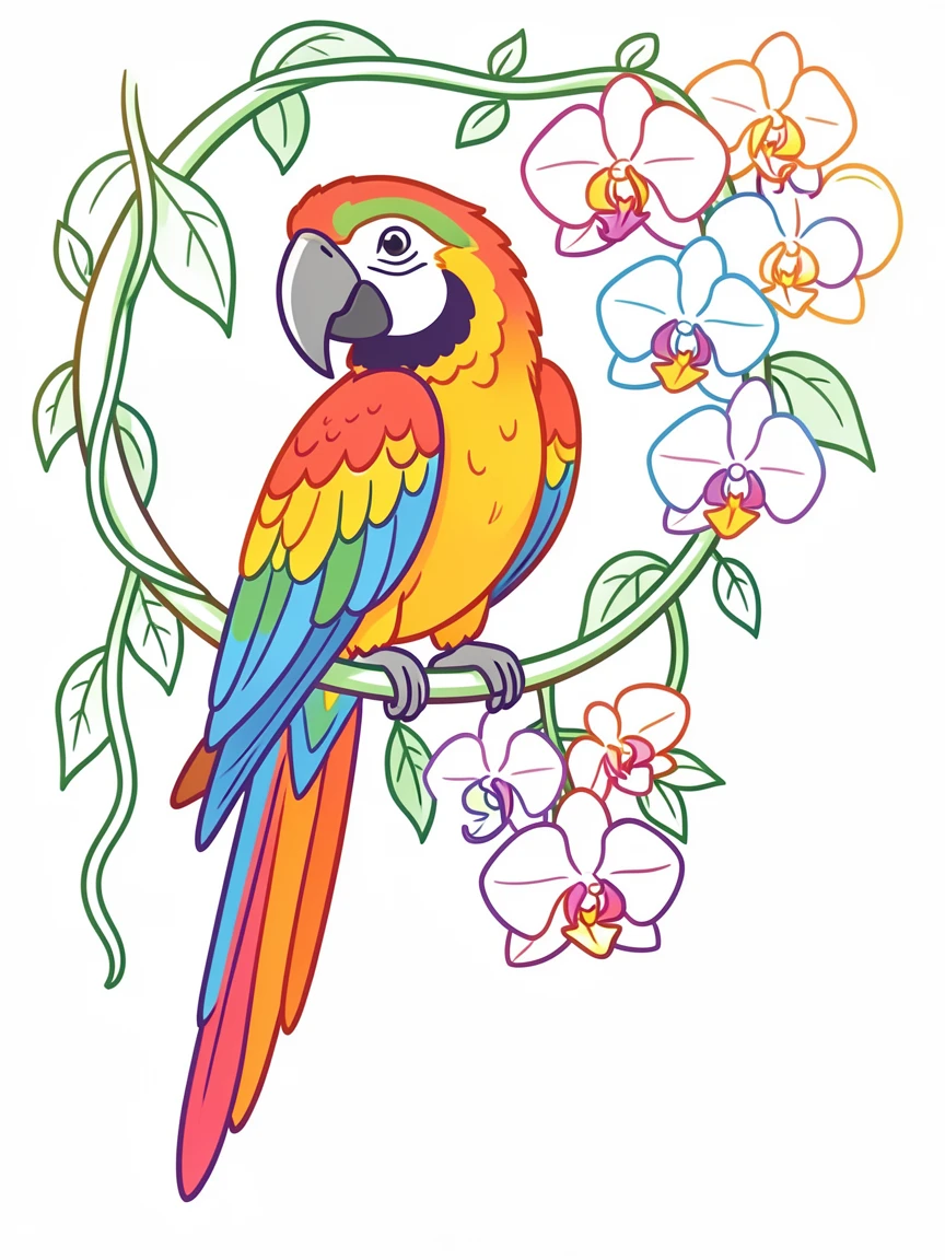 A macaw with vivid feathers perched on a jungle vine beside dangling orchids.