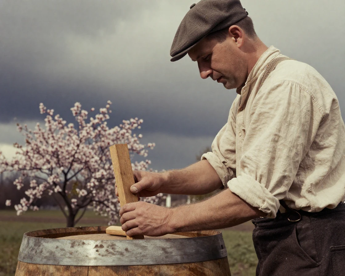 A cooper fitting wooden staves together to build a barrel, in gentle diffused daylight, under a darkening storm sky, as spring blossoms unfurl, in warm honey and cream tones, over the shoulder of the main subject.