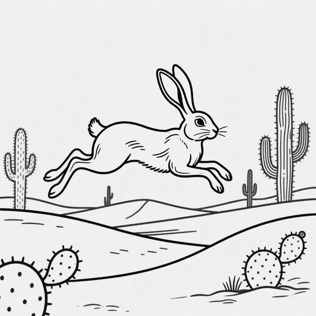 A jackrabbit bounding across a desert landscape with cacti