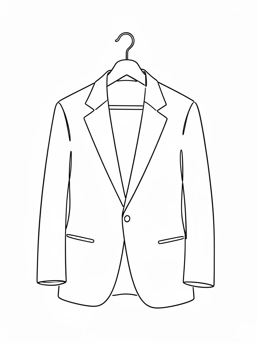 A tailored suit jacket hanging on a wooden hanger in a dressing room