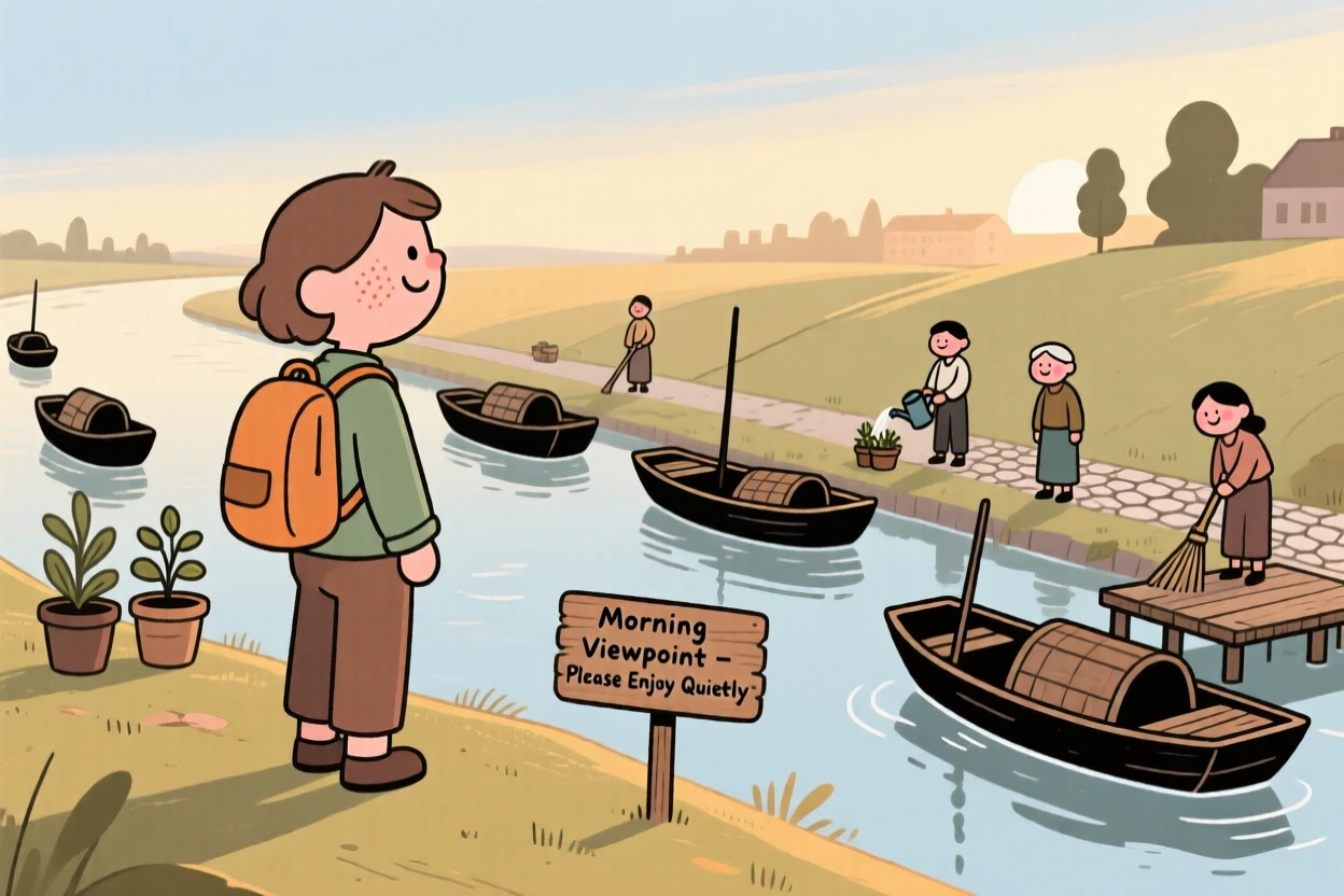 A traveler pauses on a hilltop overlook overlooking a canal lined with old boats, watching locals going about their morning routines as the early morning light settles over the scene.