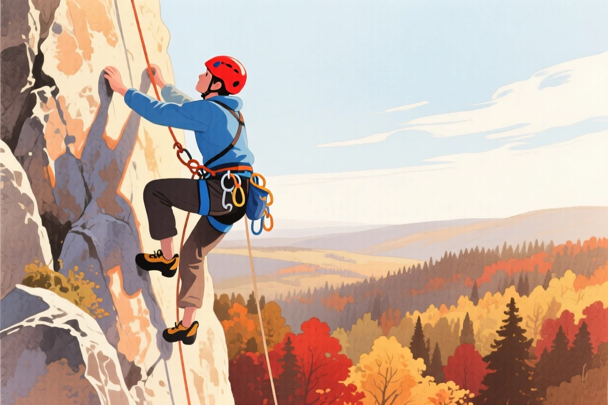 A rock climber scales a sunlit cliff face overlooking a valley of autumn-colored forest below