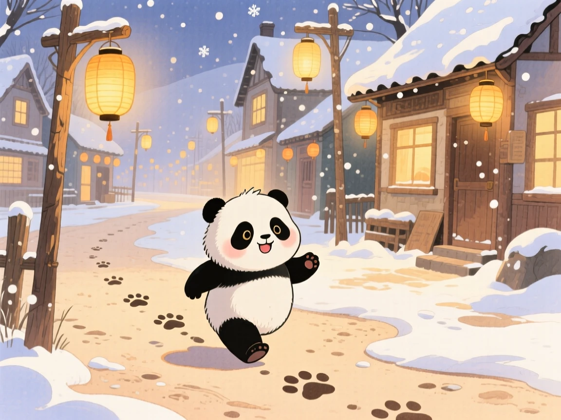 A chubby panda cub following a trail of paw prints across a beach, set in a snowy village street lined with warm lantern light, capturing a fleeting moment of quiet contentment.