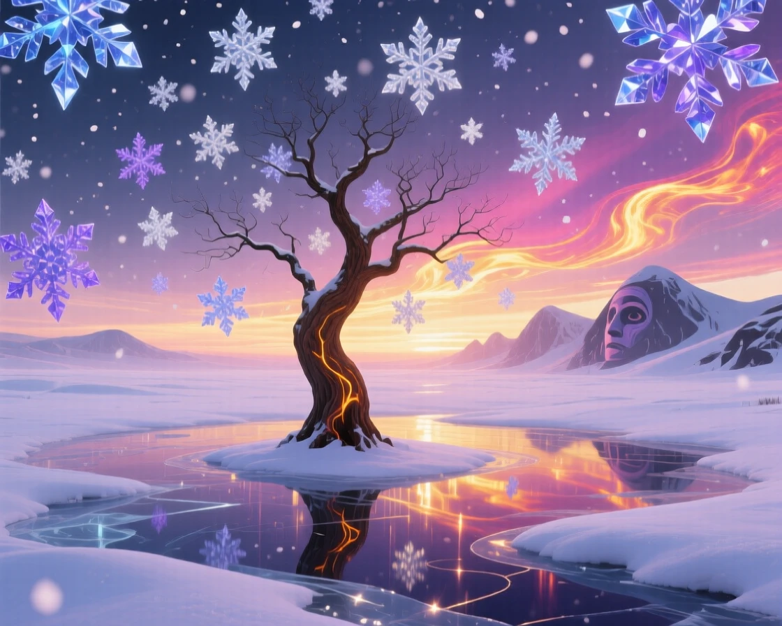A heavy snowfall that pauses in midair, frozen in time moves slowly across a horizon streaked with fading light, while a single tree stands untouched at the center of it all.