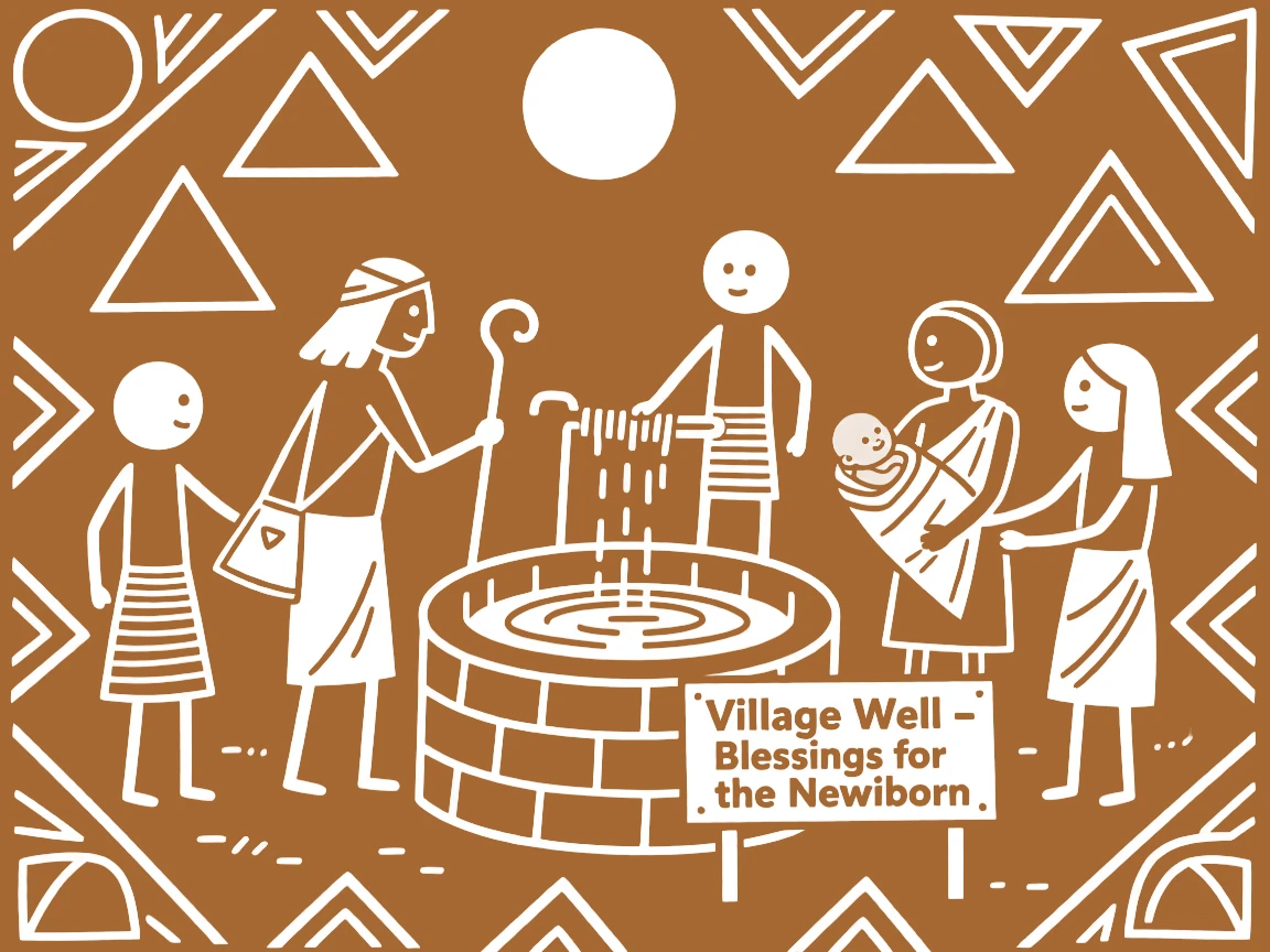 A traveling merchant gathering to bless a newborn at the village well.
