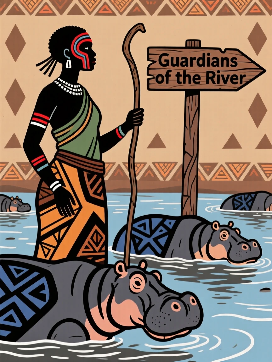 A local herder pausing to watch a river full of hippos.