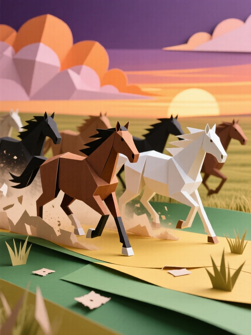 A herd of wild horses galloping across an open plain at sunset, dust rising behind their hooves, dramatic clouds overhead, conveying untamed freedom and energy.