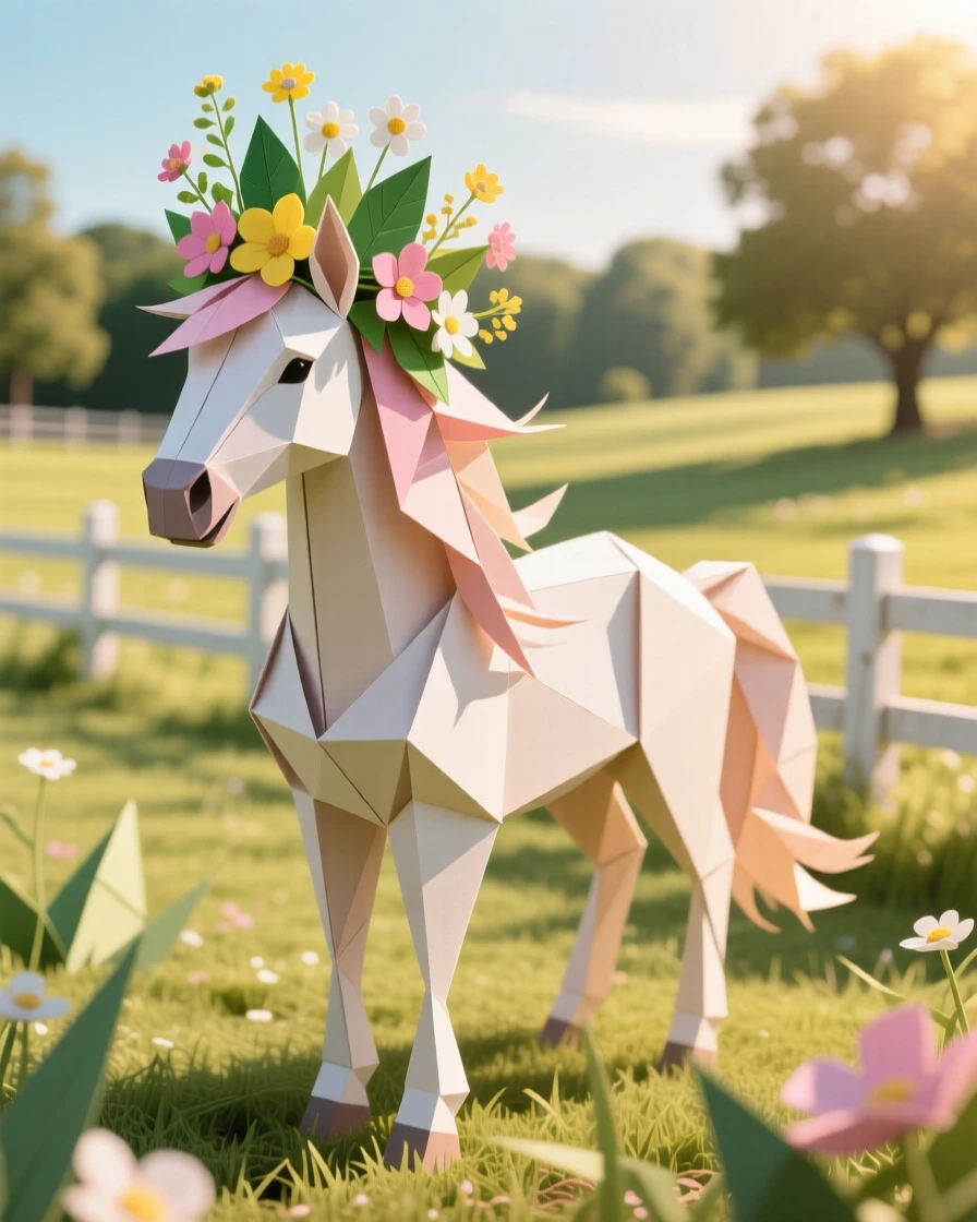 A pony wearing a crown of wildflowers standing in a sunlit paddock, mane tousled by a gentle breeze.
