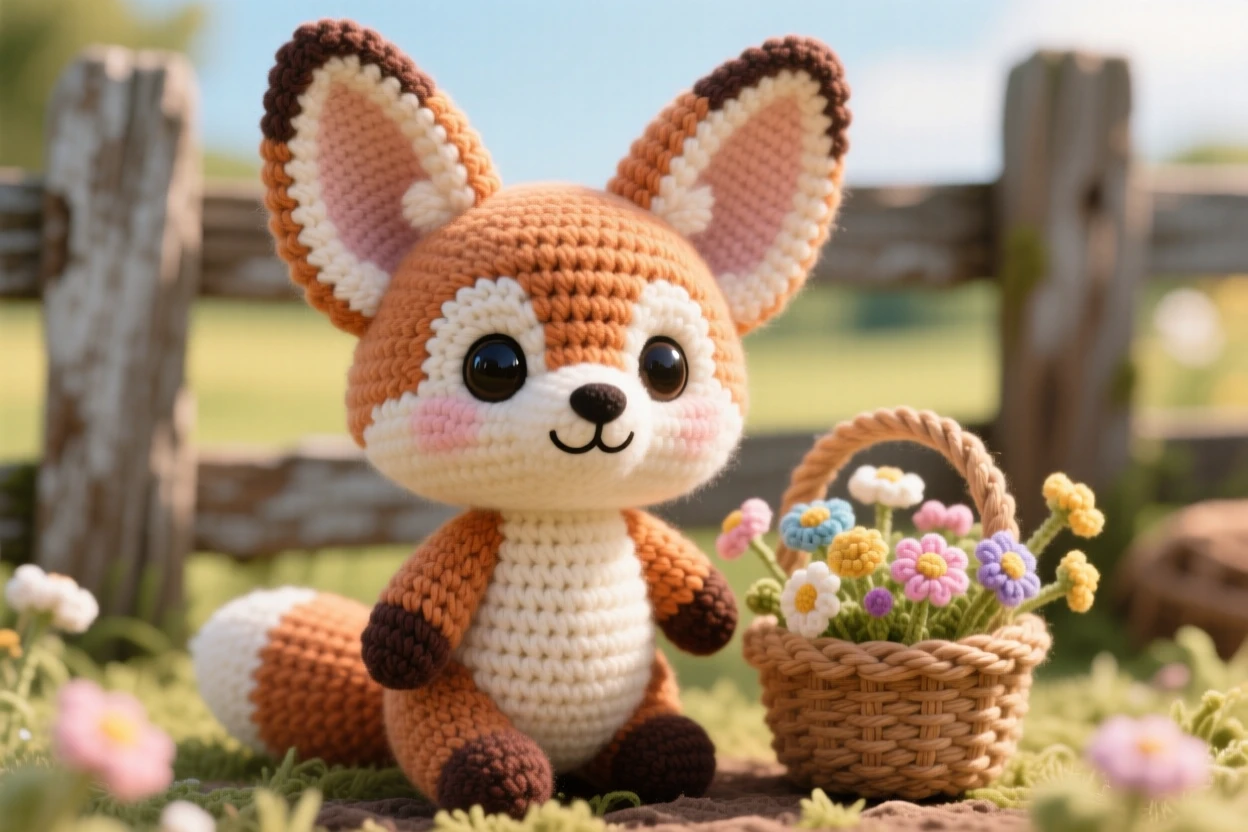 A heartwarming close-up of a baby fennec fox, with enormous ears and a slender frame, listening intently with ears perked forward in a sunny farmyard with a weathered wooden fence; a small basket of wildflowers nearby completes the scene, radiating gentle trust and quiet companionship.