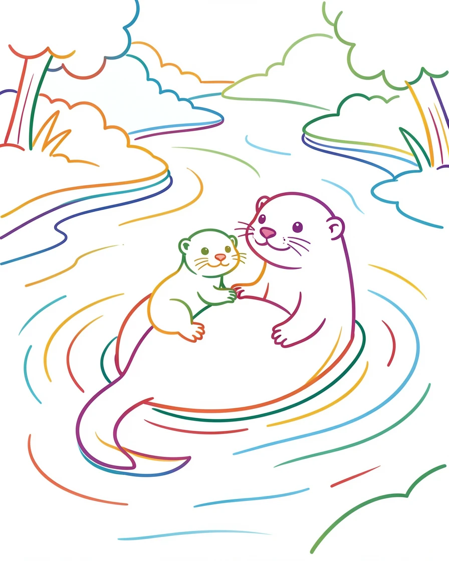 A baby otter riding on its mother's belly as she floats down a gentle river.