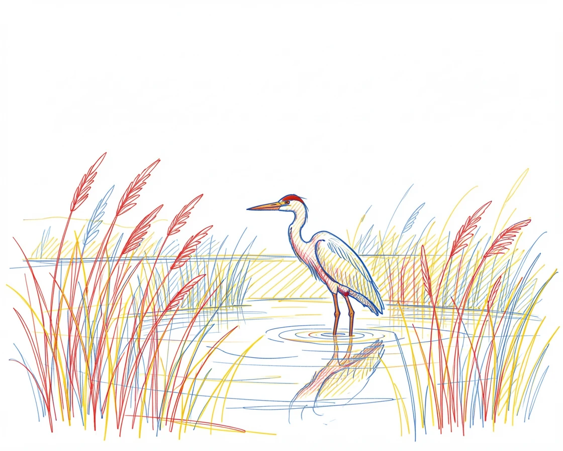 A tranquil marsh at dawn, reeds swaying and a heron standing motionless in shallow water