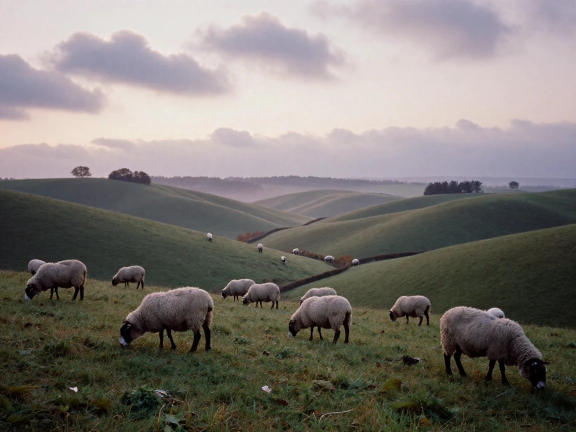 Rolling green hills dotted with grazing sheep, in the pale light just before sunrise, under scattered clouds, in the mild days of early autumn, in dusty lavender and rose tones, from behind, looking toward the horizon.