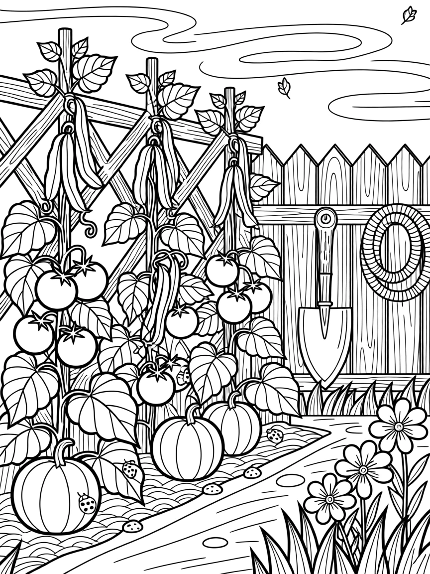 A vegetable garden with trellised beans, curling squash vines, and ripe tomatoes.