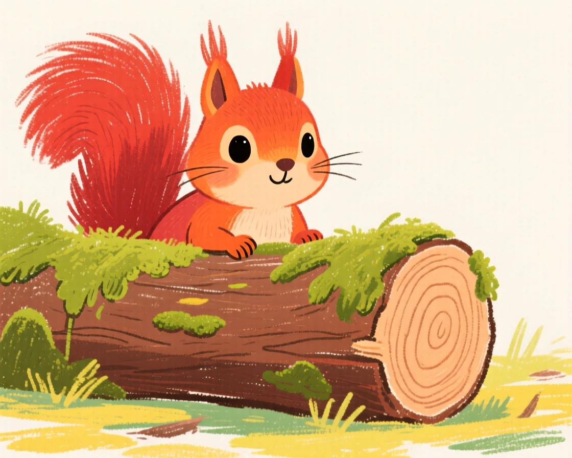 A red squirrel peeking out from behind a moss covered log.