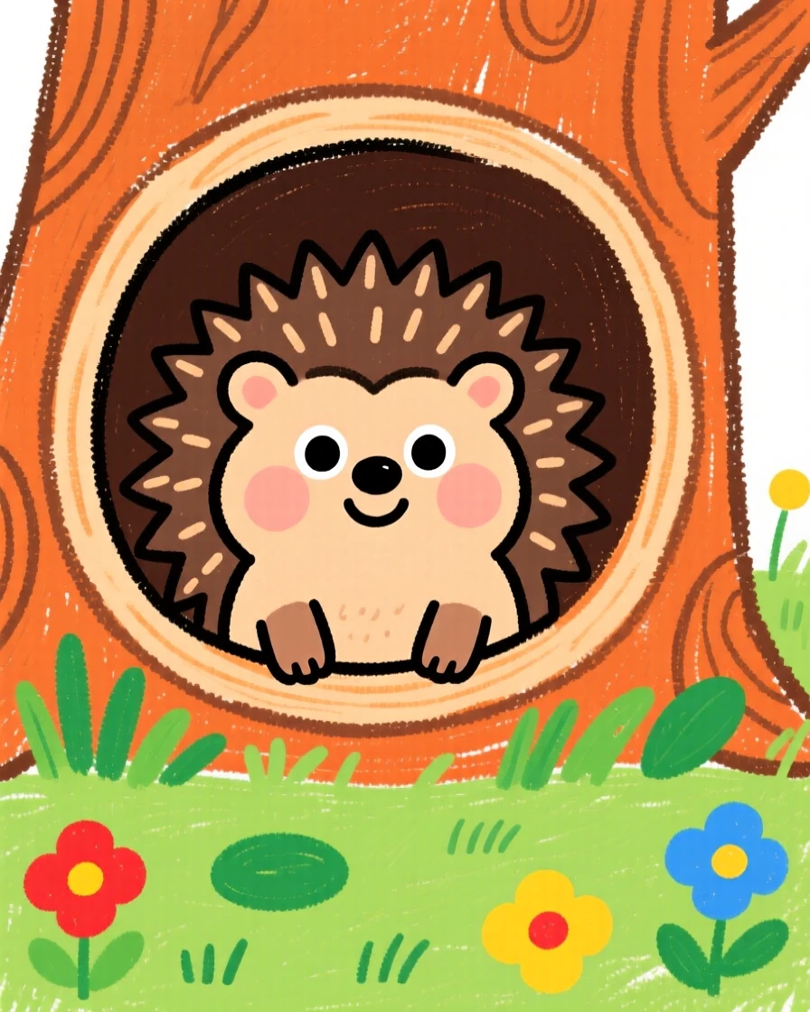 A round hedgehog pup peeking out from a hollow log.