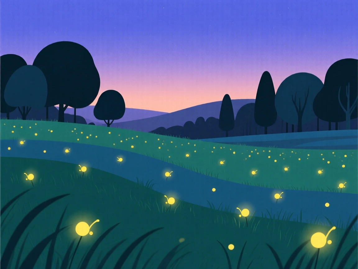 A field of fireflies glowing at twilight near the edge of a quiet forest.
