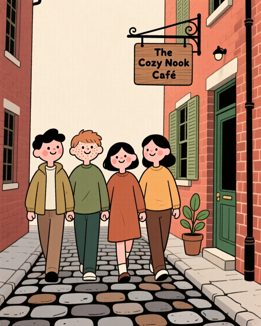 A group of friends link arms and walk down a cobblestone street lined with old brick buildings, heading toward a favorite café.
