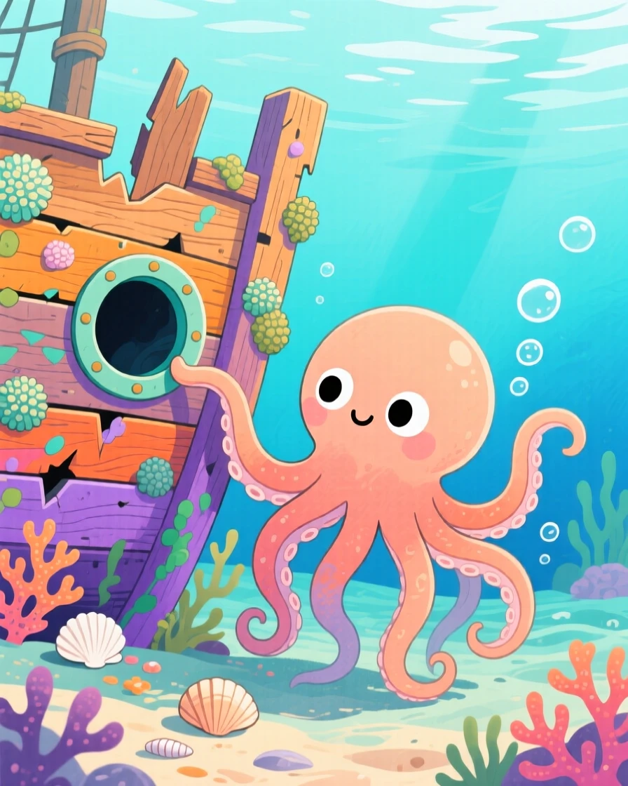 An octopus curiously exploring a shipwreck, captured in a moment of quiet wonder.