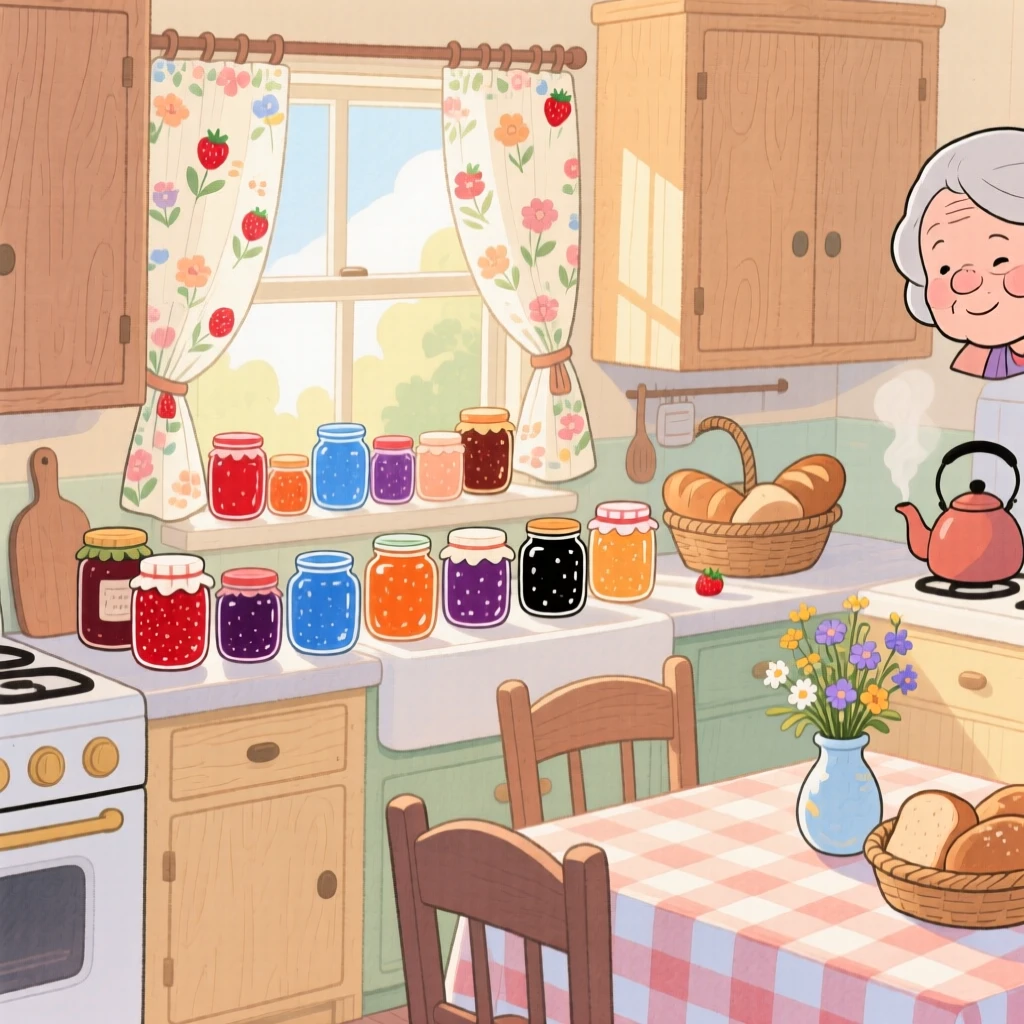 A grandmother's kitchen filled with jars of homemade jam lined on a windowsill, filled with the simple pleasure of good food and good company.