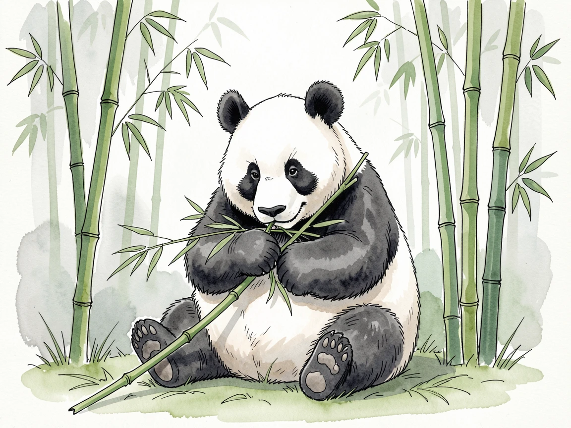 A giant panda munching bamboo in a misty forest clearing, surrounded by tall green stalks