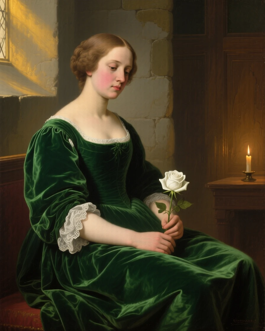 A duchess in an emerald velvet gown holding a single white rose lost entirely in private thought, set in a candlelit chapel side room, with a single shaft of light illuminating an expressive face; soft background blur isolates the sitter as the clear focal point, evoking tenderness, memory, and unspoken emotion.